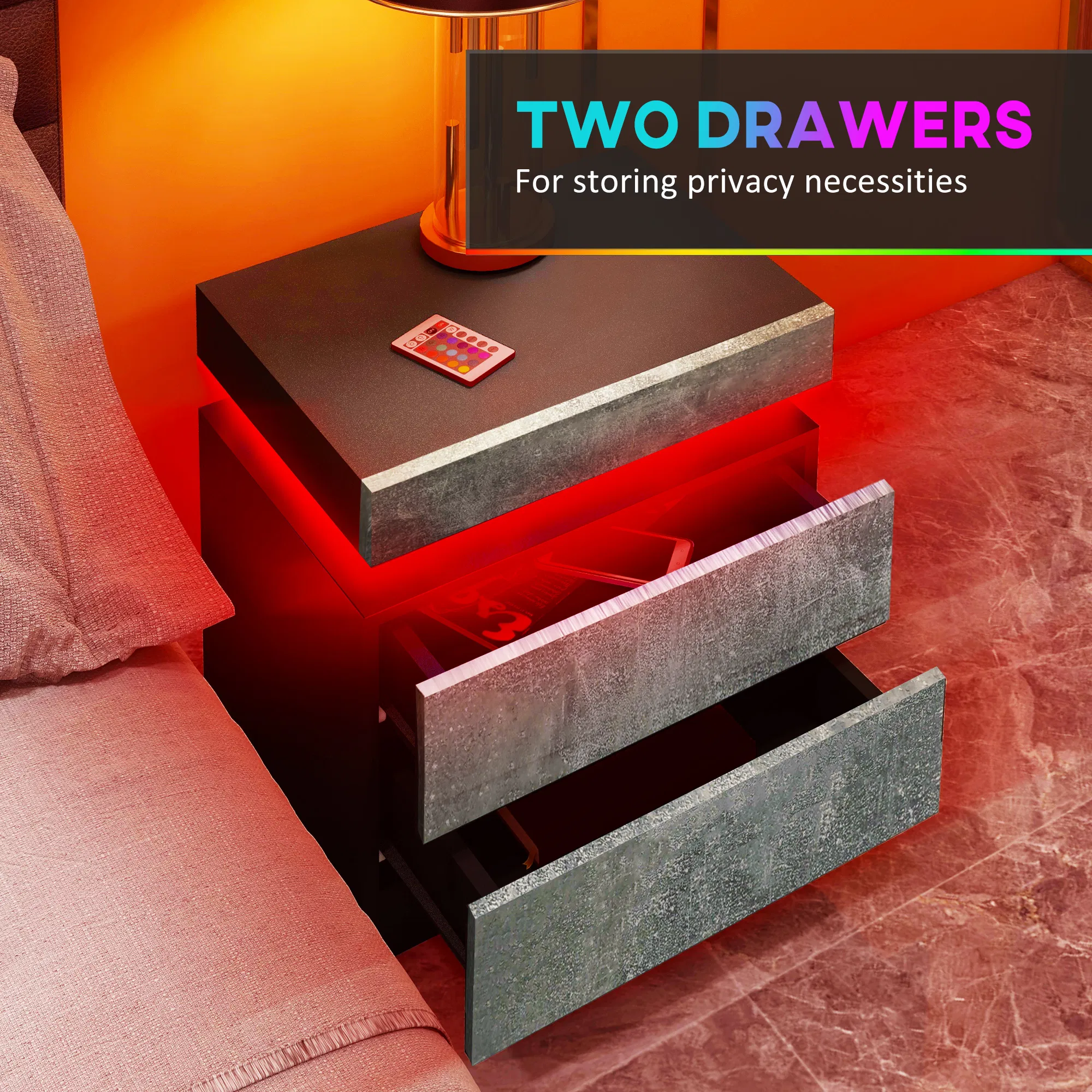 Nightstand with LED Lights and Drawers, picture 2 of 5