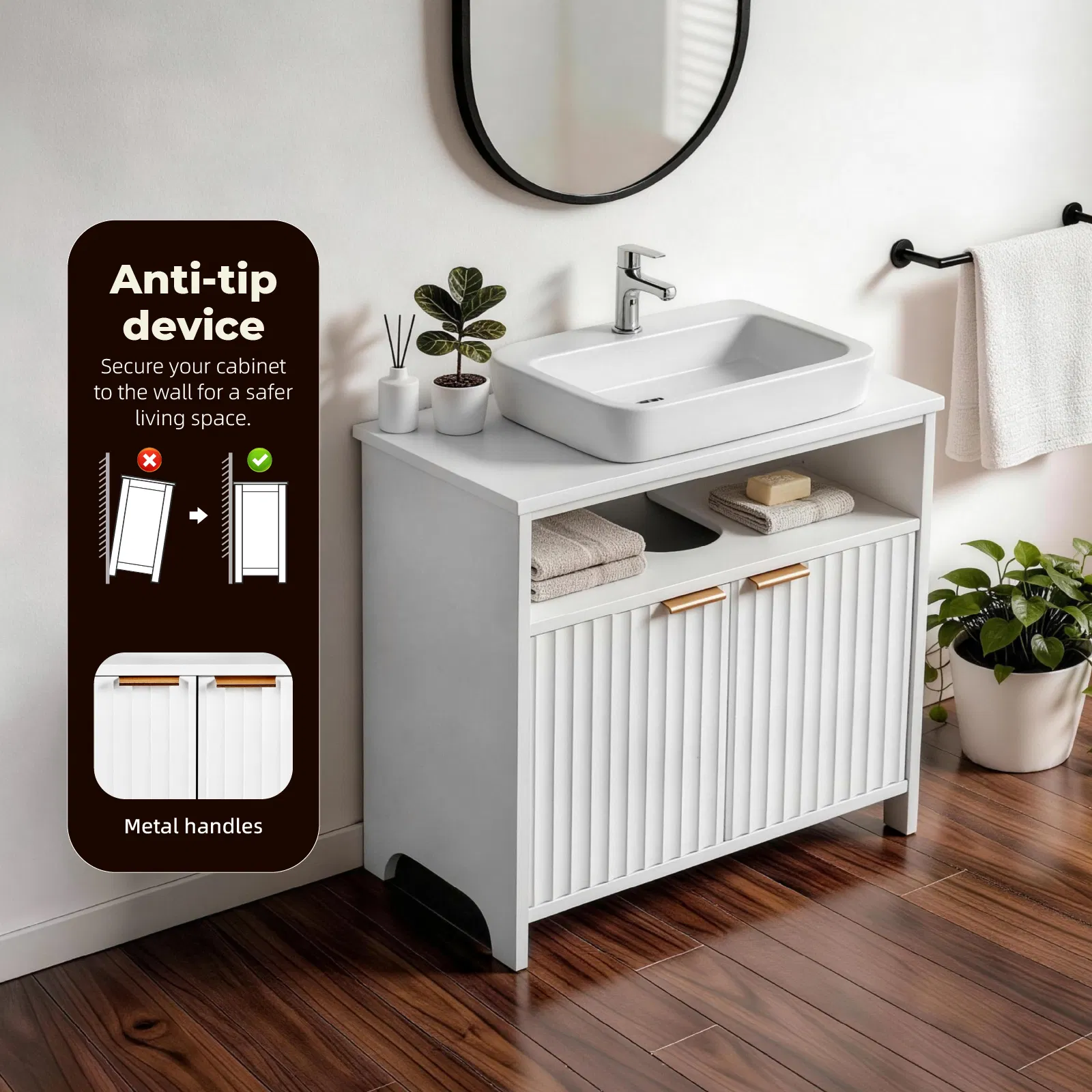 White particleboard with melamine veneer, grille thermoformed, two-door, one-shelf bathroom vanity unit… image 5