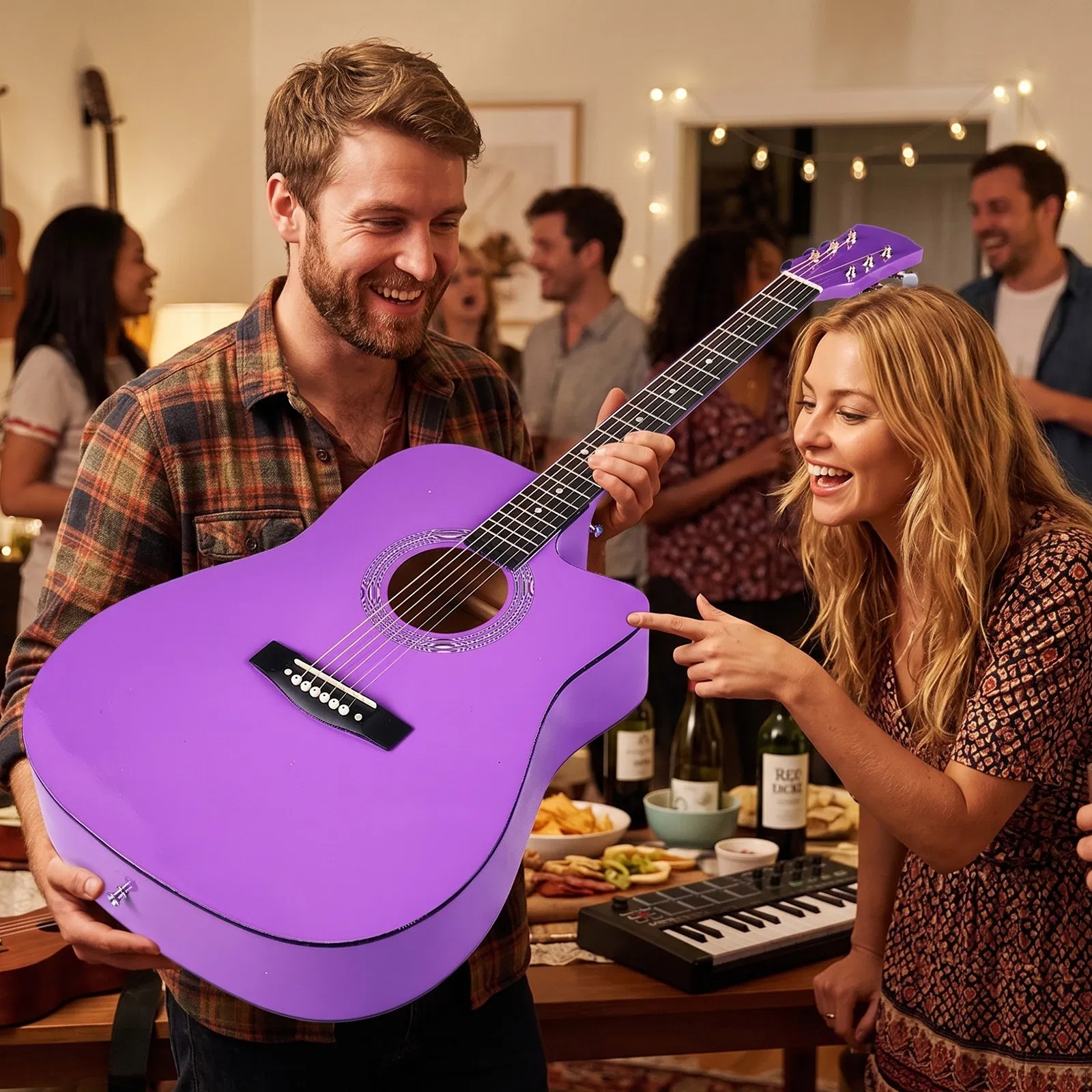 Purple 41-inch Dreadnought barrel-shaped cutaway acoustic guitar with pick, strings, capo, gig bag… image 10