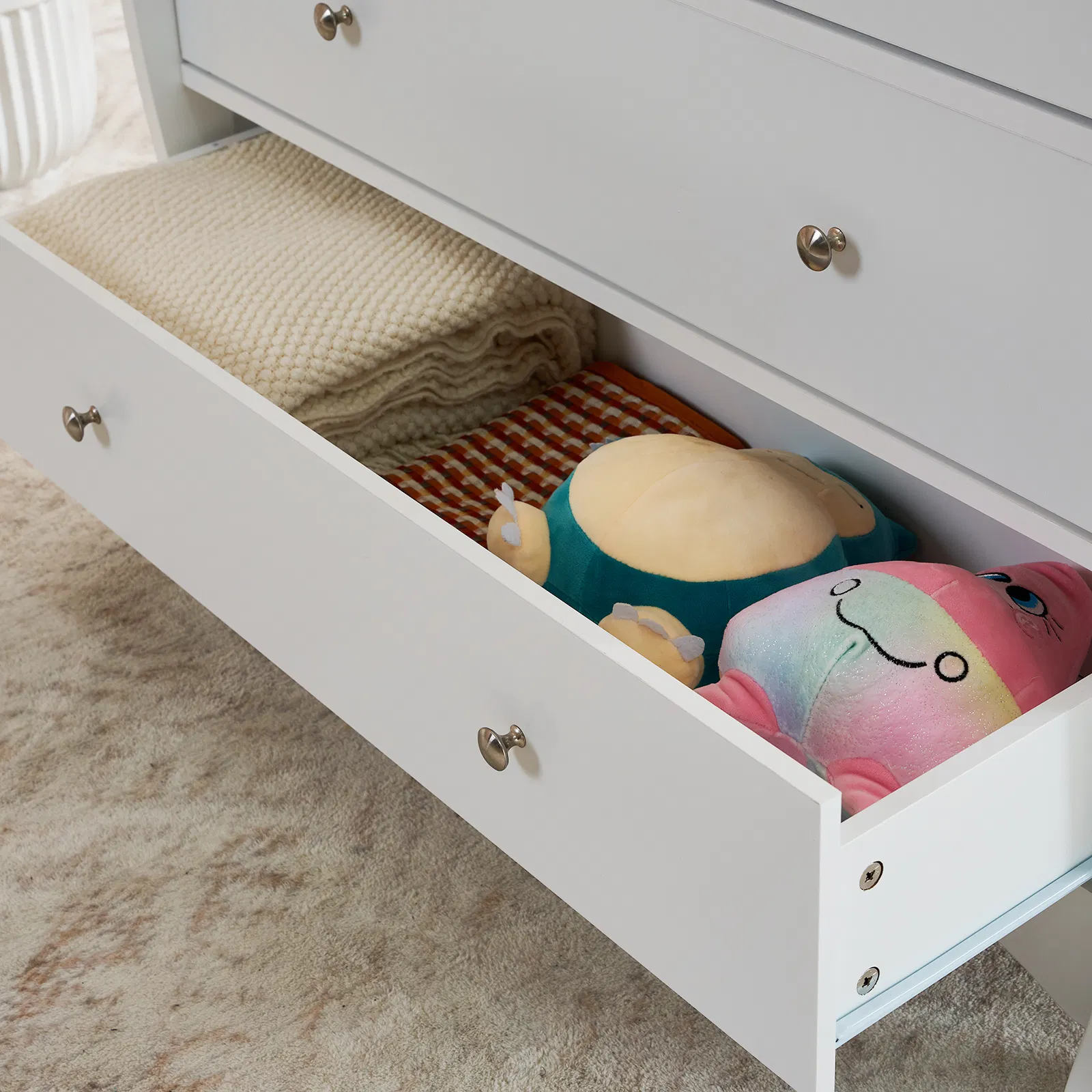 White 3-Tier Drawer Baby Cot with Safety Guard – 90.5x58x92cm | Wooden Baby Bed & Storage Combo image 11