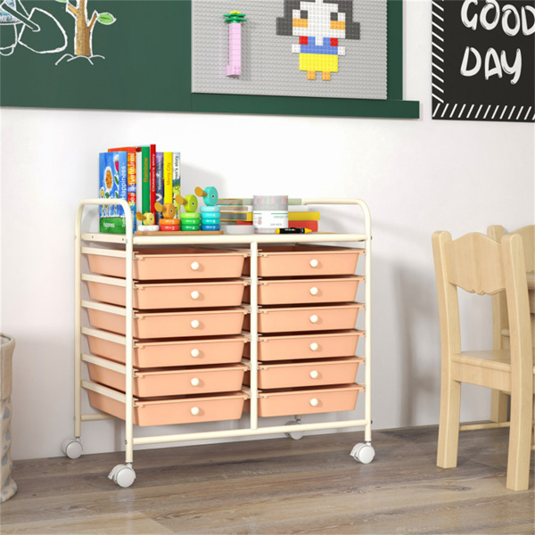 12-Drawer Rolling Storage Cart - 2-Row 10-Storey, Multicolor Drawers, 4 Wheels (2 Brake), White Frame-Peach-15