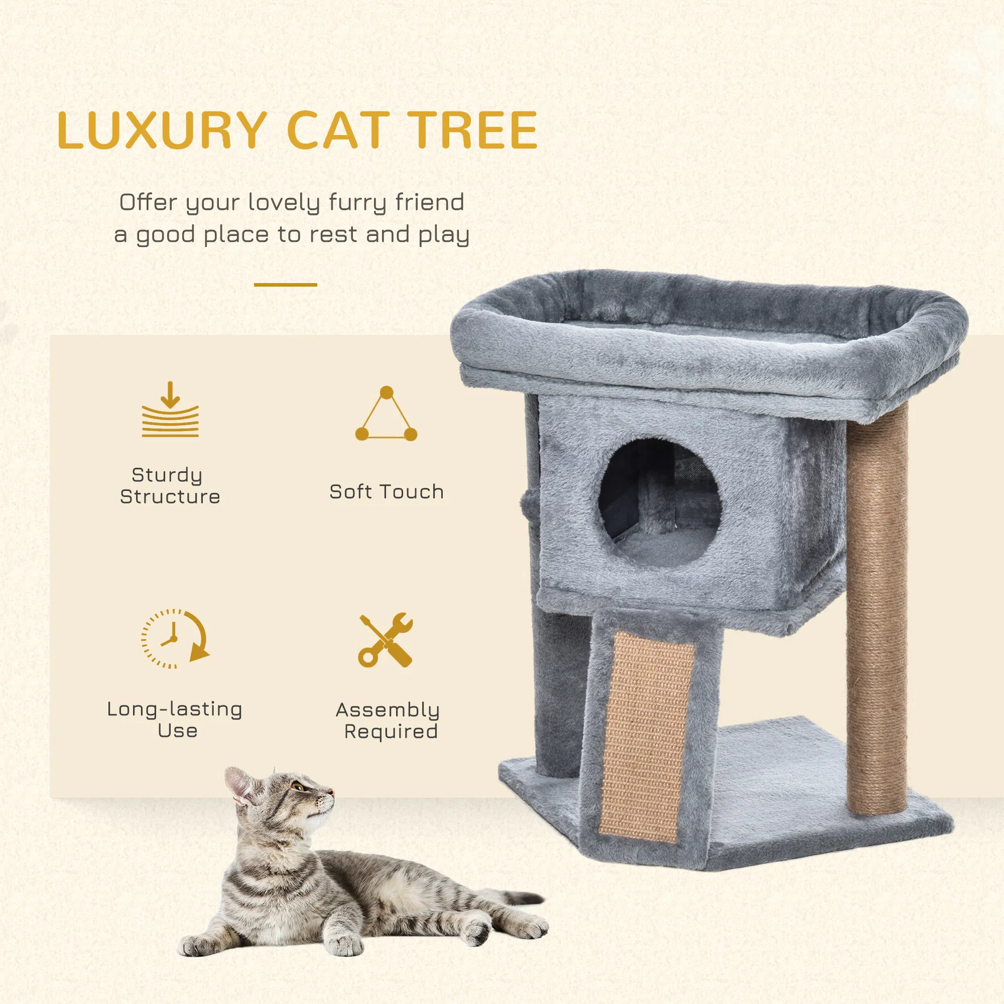 Cat Tree, Small Cat Tower with Perch, Scratching Post, Cat Condo, Toy Ball for Kitty, Indoor Use, Grey — image 1