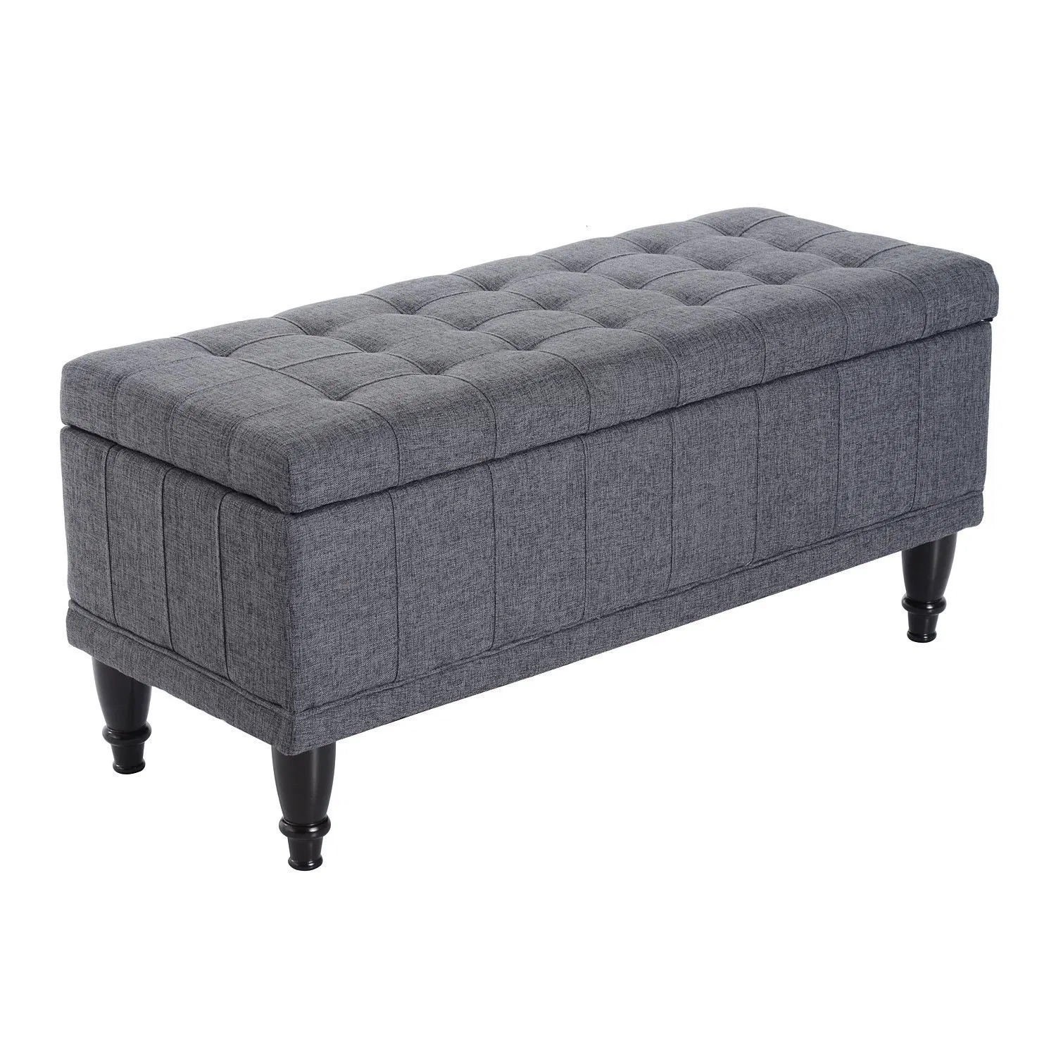 Storage Ottoman, Linen Fabric End of Bed Bench with Soft Close Lid, Button Tufted Storage Bench for Living Room, Entryway or Bedroom, 42" x 17" x 19", Grey