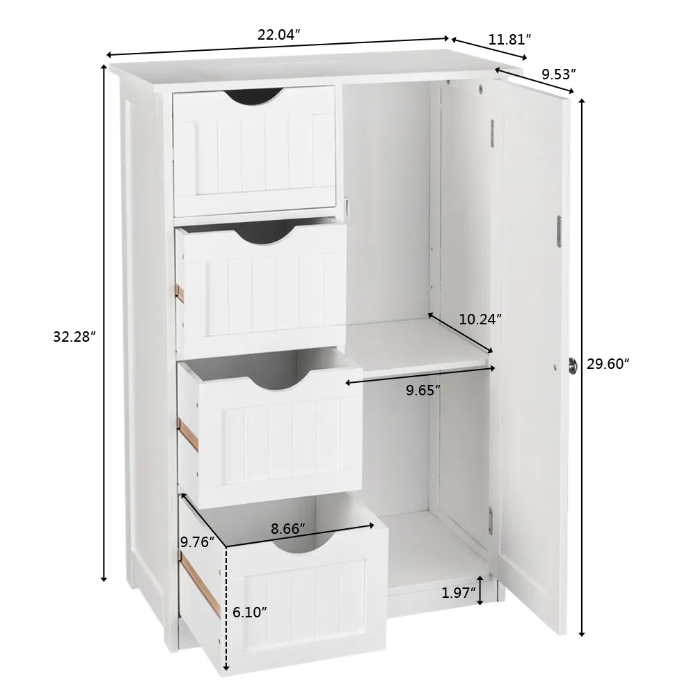 Single Door Bathroom Storage Cabinet with 4 Drawers White image 14