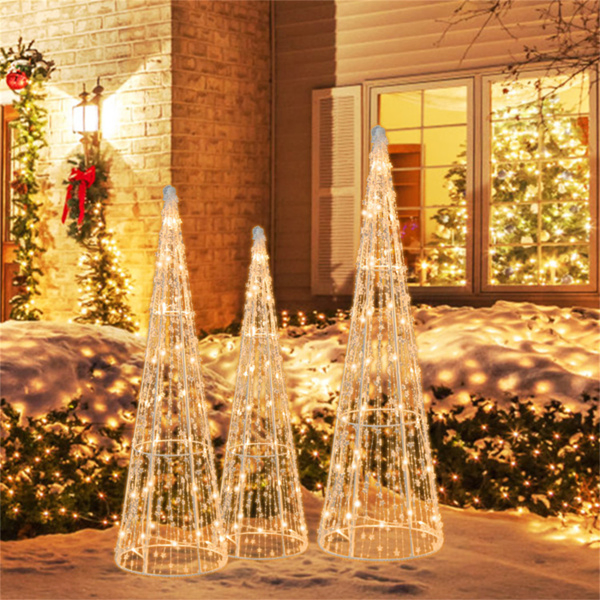 3-Piece Pre-Lit Christmas Cone Trees - 90 Warm White LEDs+Star Beaded Strings, Waterproof, 32