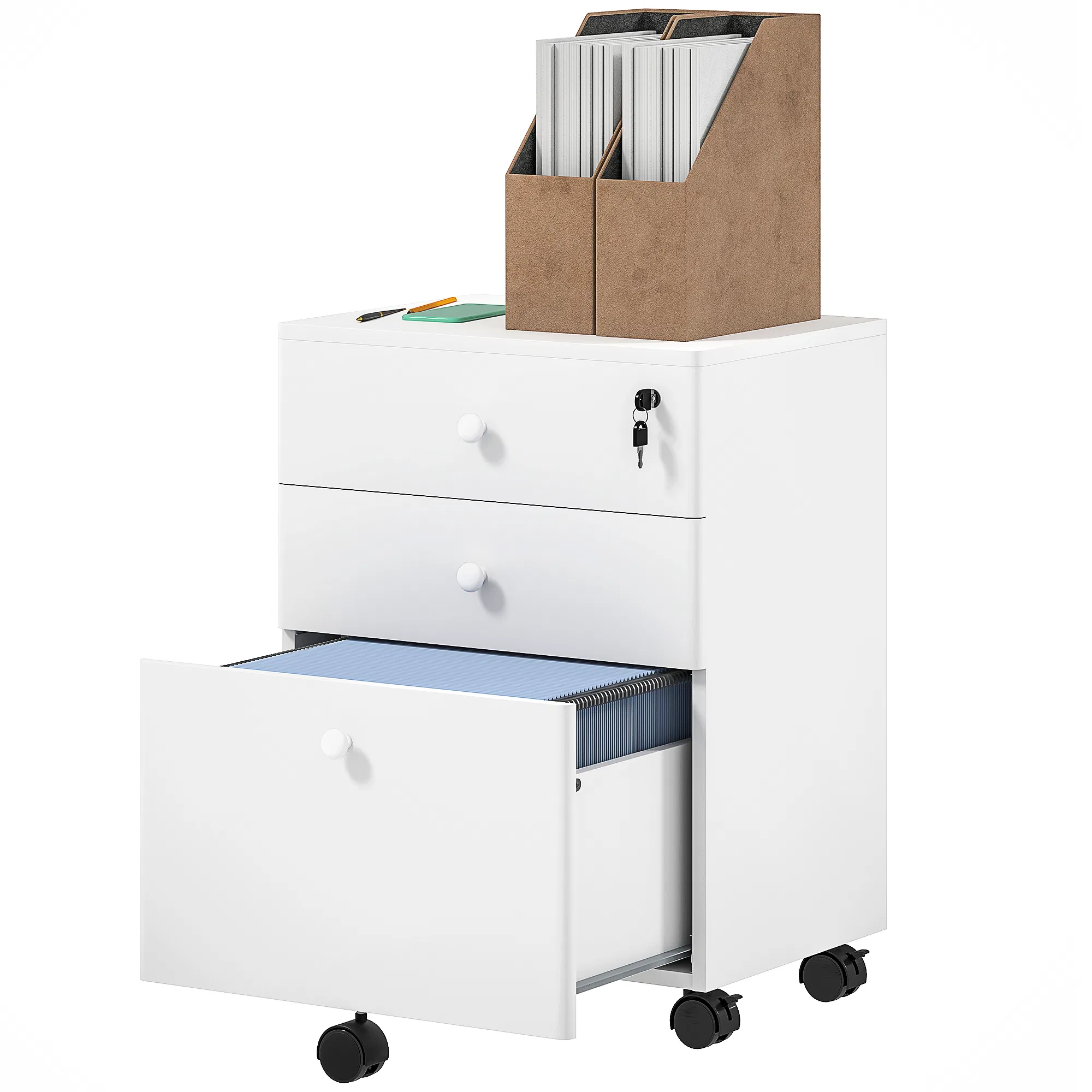 3-Drawer Small Filing Cabinet with Lock, Vertical Office Storage Cabinet with Wheels for Home Office, White