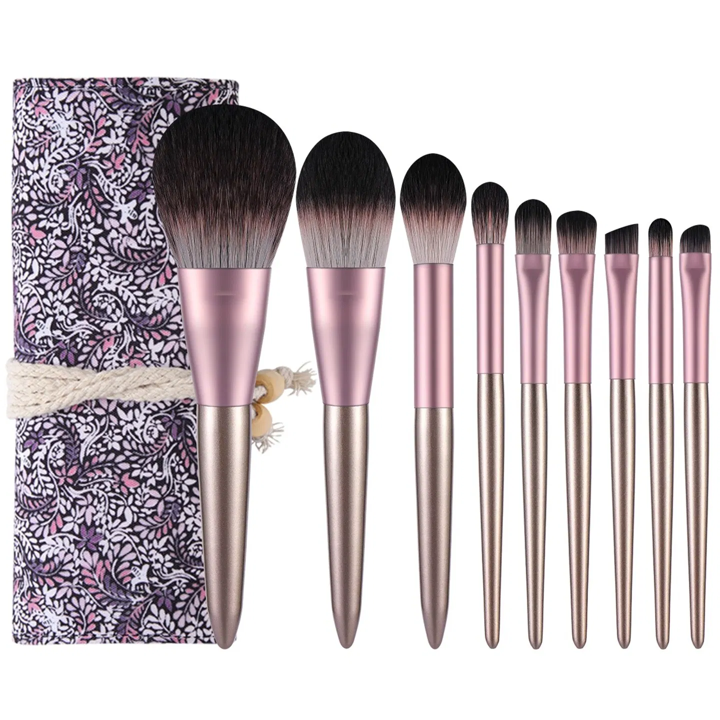 9-piece small pudding makeup brush set, all-in-one face and eye function brush, soft bristles that evenly apply makeup, paired with a printed roll-up case