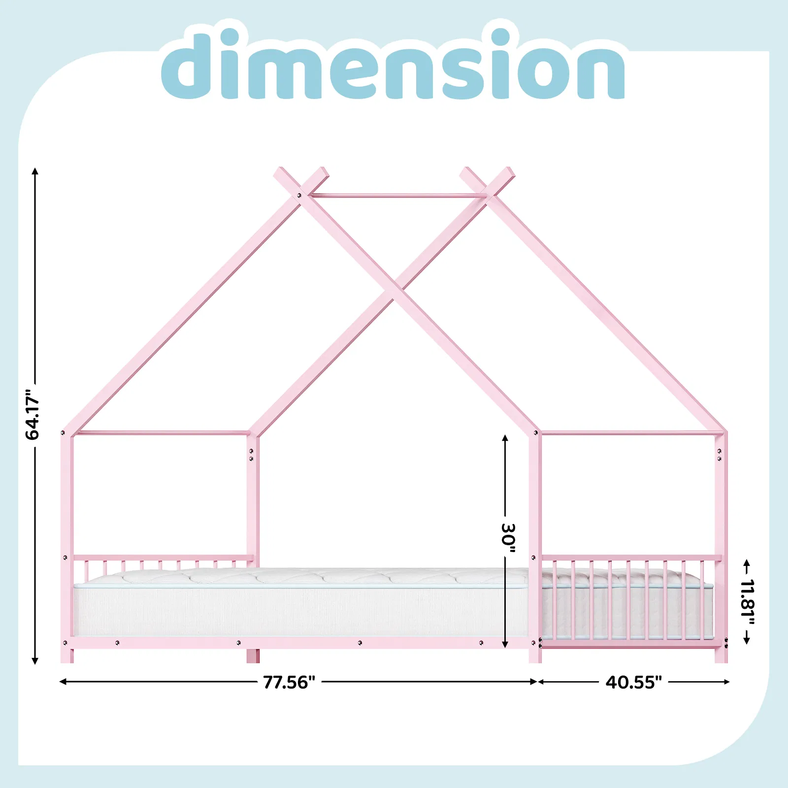Pink Flat Bed House Shape with Side Guardrails Twin Children's Iron Bed image 2
