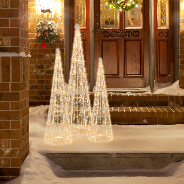 3-Piece Pre-Lit Christmas Cone Trees - 90 Warm White LEDs+Star Beaded Strings, Waterproof, 32
