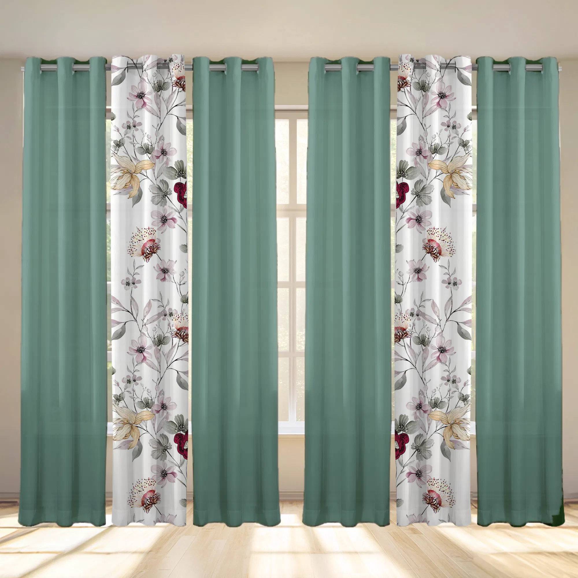 6-Panel Window Curtain Set, Sage Green Floral & Solid Color Combo, 38" x 84" Each, Light Filtering Decorative Drapes with Stainless Steel Gr