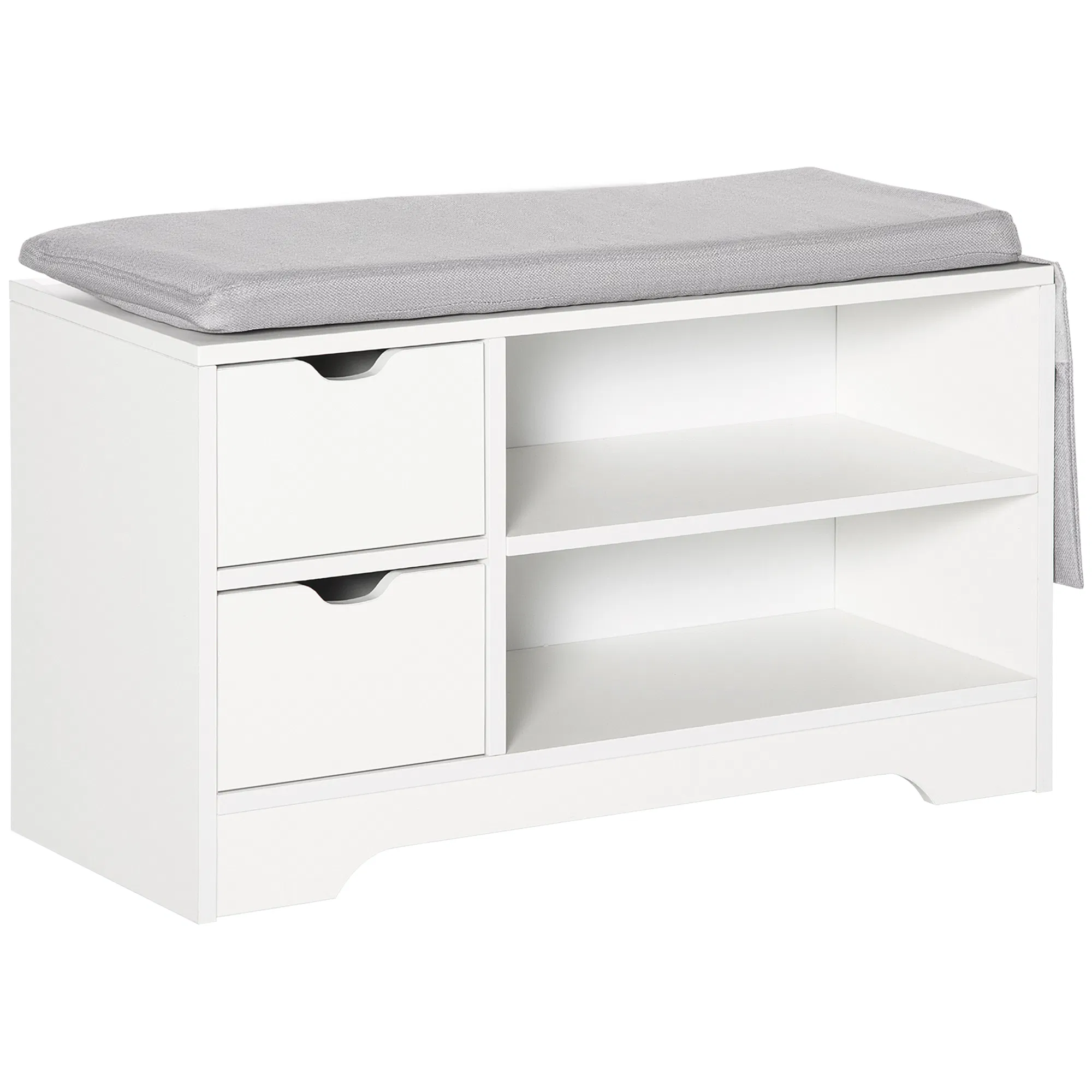 Upholstered Shoe Storage Bench w/ Seat, Entrance Bench w/ Drawer Open Shelves and Pocket for Hallway, White