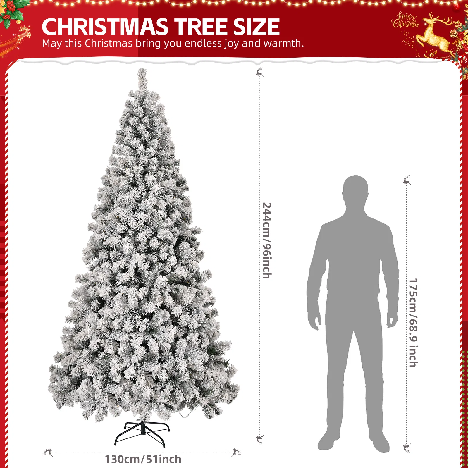 8 FT Pre-lit Snow Flocked Christmas Tree, Artificial Hinged Xmas Pine Tree with 1300 Branch Tips, 500… image 7