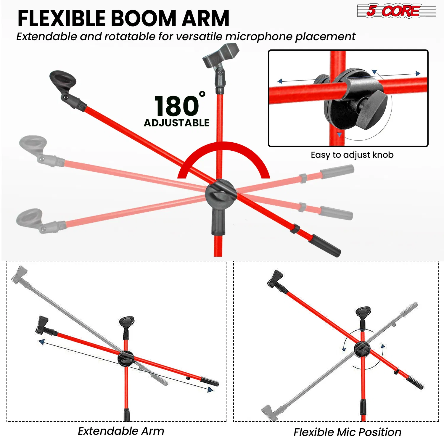 5 Core 2Pcs Mic Stand Floor Height Adjustable Tripod Microphone Stands w Extending Telescoping Boom Arm image 3