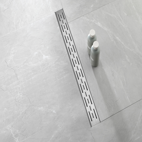 30 Inch Linear Shower Drain with Removable Brick Patterned Grate Cover, 304 Stainless Steel Shower Floor Drain with Hair Strainer and Leveling Feet-10