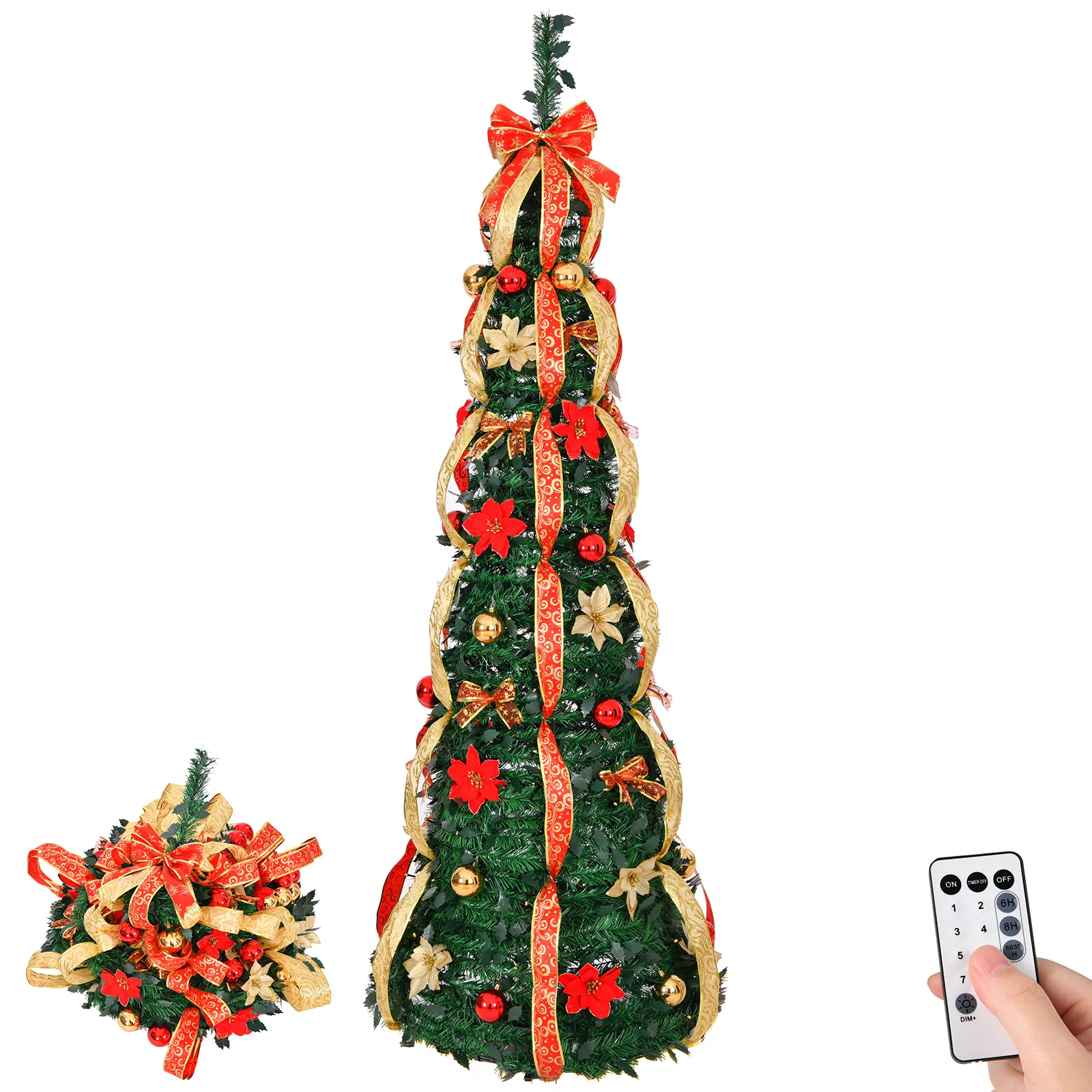 6 FT Fully Decorated Pre-lit Christmas Tree, Pop Up Artificial Xmas Tree with 150 Warm Lights Battery Operated and Red & Golden Ornaments for Home Office Store Holiday Deco image 4