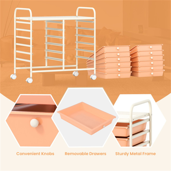 12-Drawer Rolling Storage Cart - 2-Row 10-Storey, Multicolor Drawers, 4 Wheels (2 Brake), White Frame-Peach-13