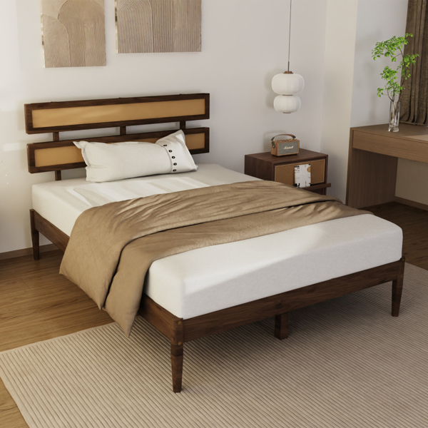 Dark walnut wood painted finish + rattan and pine wood double headboard full size wooden bed, Bohemian style-16