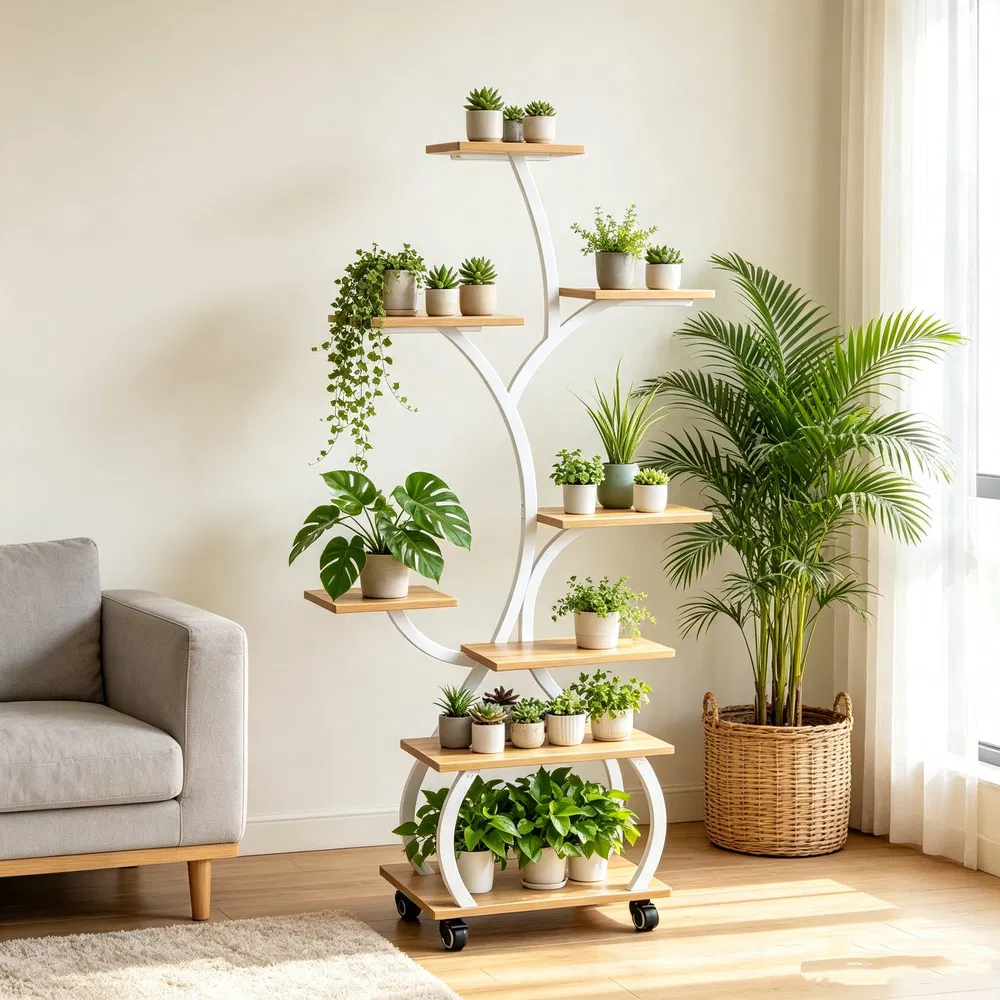 Tree Shaped Plant Stand with Full Spectrum Grow Light, White Metal Frame Plant Shelf with Lockable…
