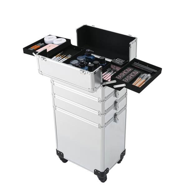 4-in-1 Draw-bar Style Interchangeable Aluminum Rolling Makeup Case Silver-21