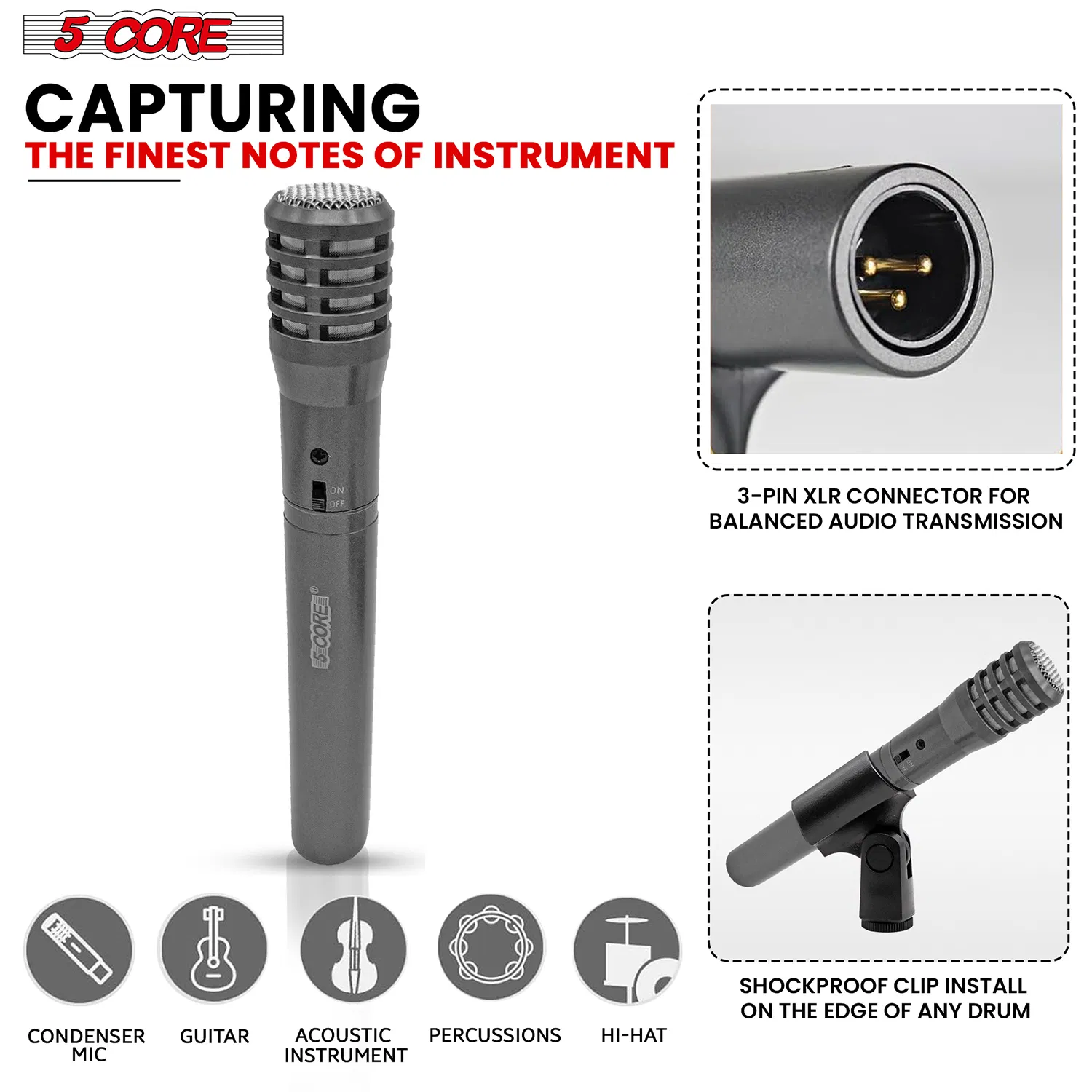 5 CORE Professional Instrument Microphone Pencil Mic Condenser Cardioid…