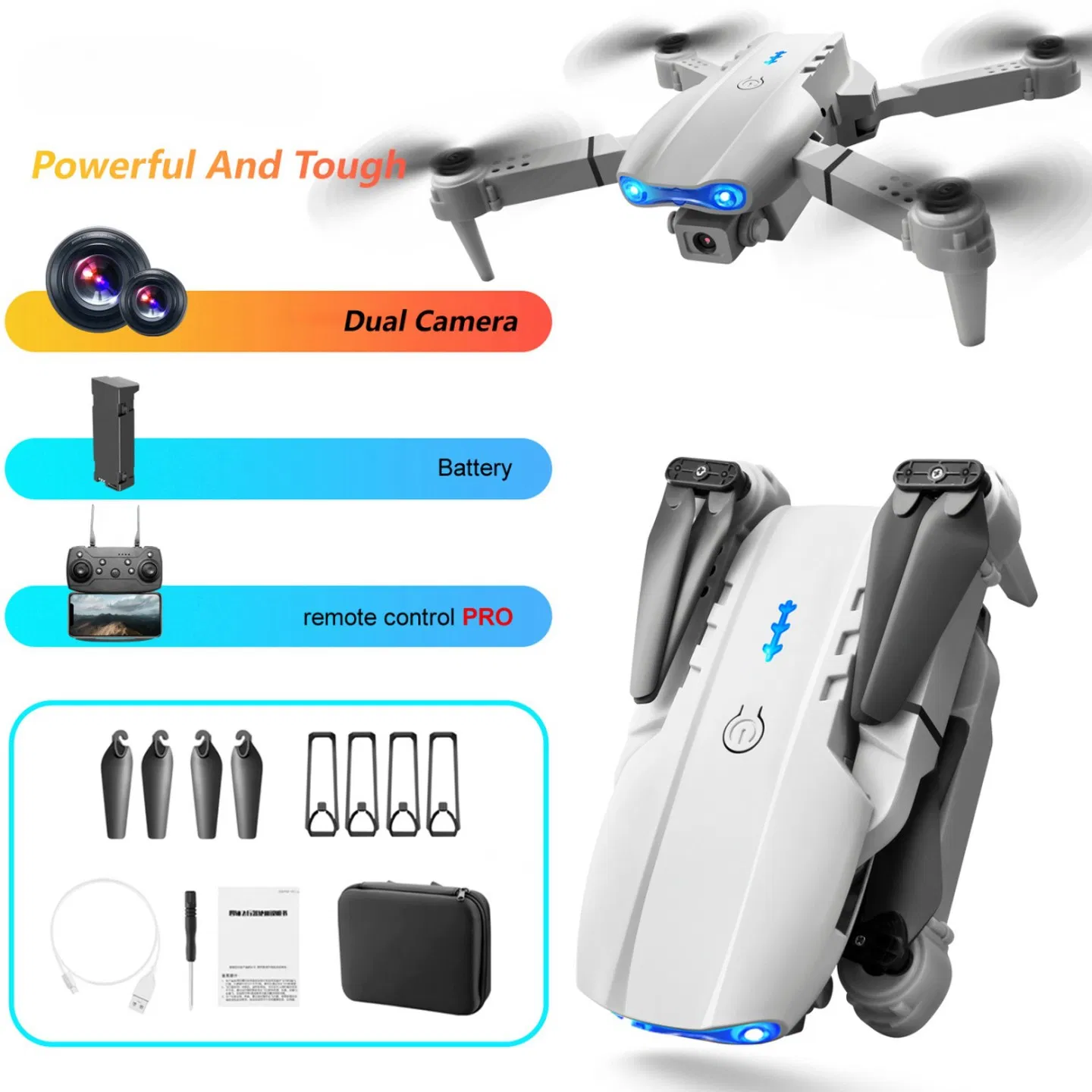 E99 dual-camera aerial photography drone, capable of shooting in high-definition with dual cameras. Equipped with a portable storage bag and a complete set of accessories, it records wonderful moments