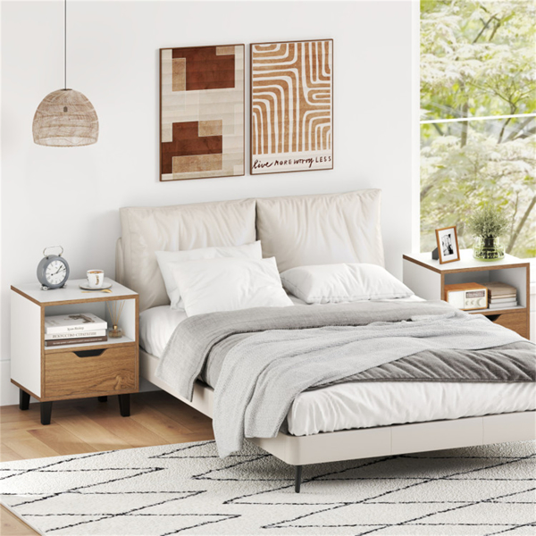 2-Pack Color Blocking Nightstands - 3-Tier Storage (Tabletop/Open Shelf/Drawer), Unique Wood Grain + Creamy White Design for Bedroom-16