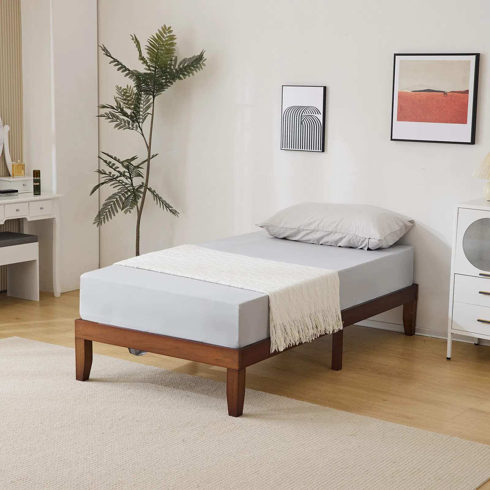 Twin Basic Bed Frame Pine Wood Painted Surface Bed Single Bed 74.41*37.99*12in Coffee image 8