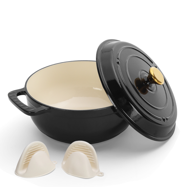 Cast iron 5QT cooking pot - Pure black - includes two silicone gloves - Enamel pot-14