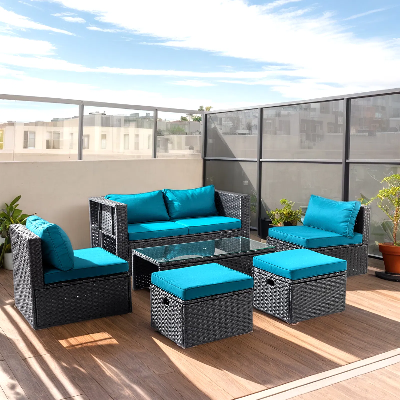 2pcs armless sofa + 2pcs footstool + 1pcs double sofa + 1pcs coffee table with storage black rattan and peacock green cushions, rattan multi-piece set image 7