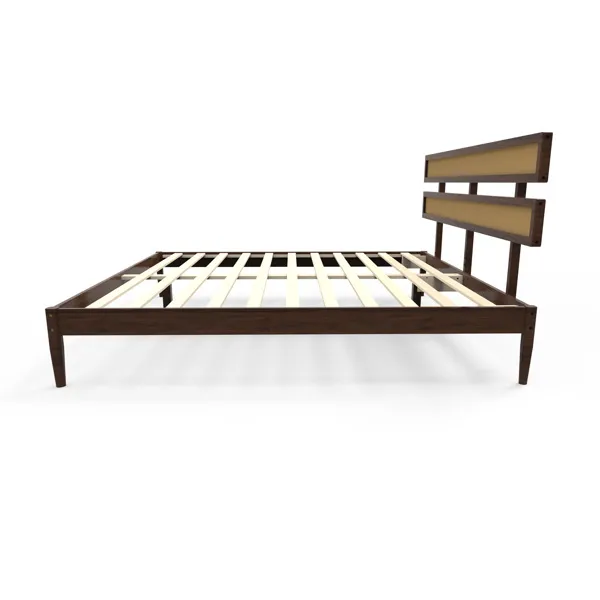 Dark walnut wood painted finish + rattan and pine wood double headboard King size bed, Bohemian style image 8