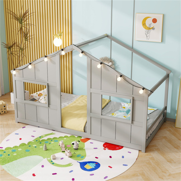 Twin-Size Kids House Gray Floor Bed- 82