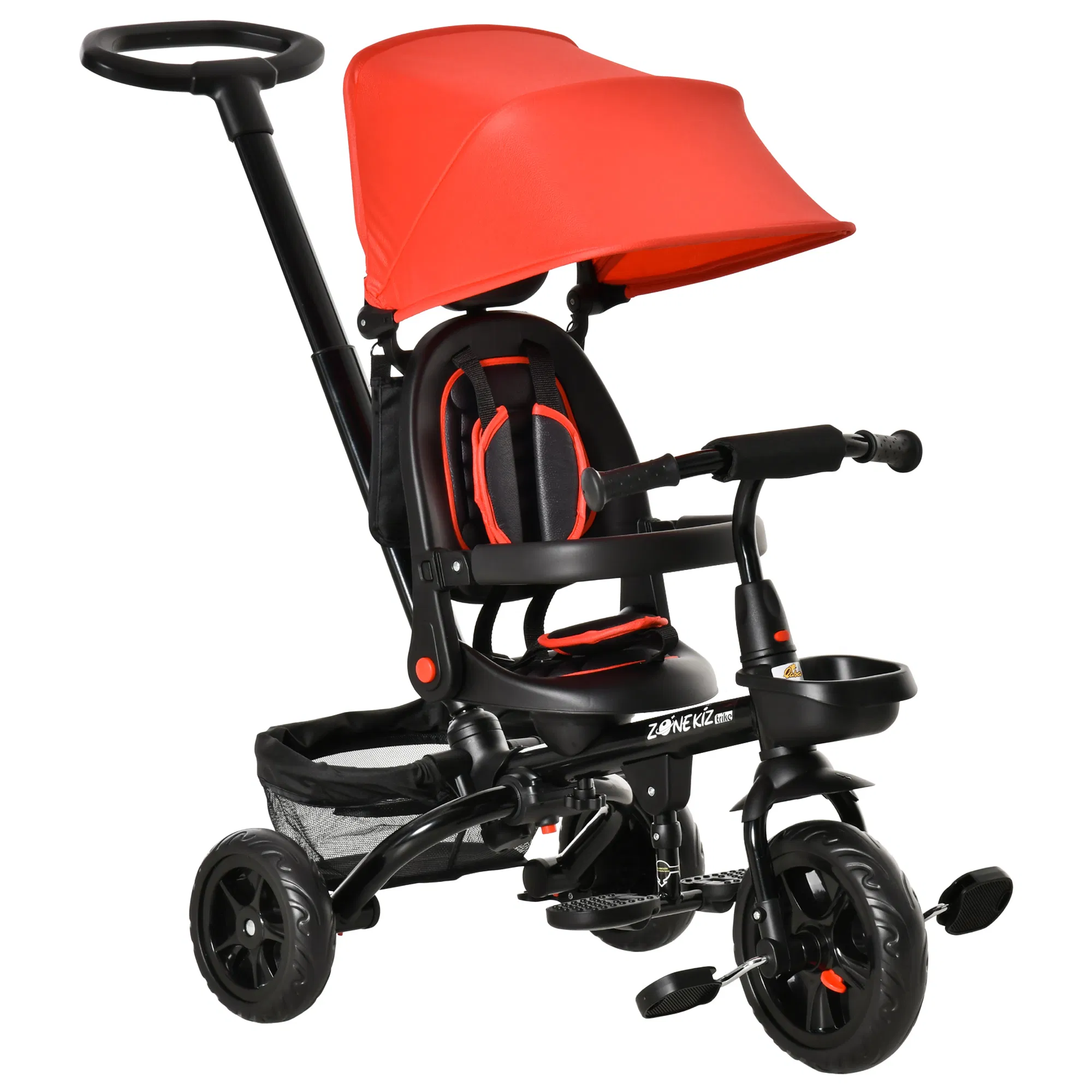 Tricycle for Toddler 4 in 1 Kids Trike with Reversible Adjustable Seat, Baby Push Bike with Removable Handle, Canopy, Belt Storage Brake Clutch for 1-5 Years, Red