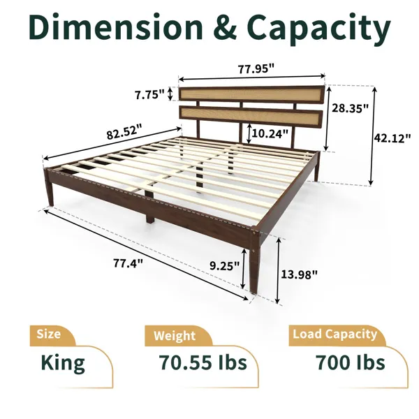 Dark walnut wood painted finish + rattan and pine wood double headboard King size bed, Bohemian style image 7