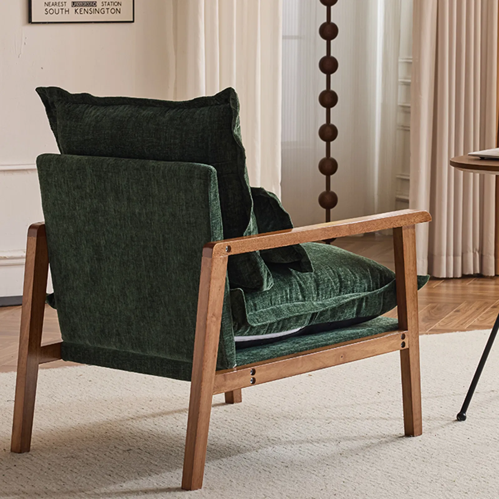 Cloud Shaped Indoor Leisure Chair with Solid Wood Armrest & Solid Wood Frame, Chenille Fabric Accent Chair with Lumbar Pillow, Single Sofa Chair Dark Green