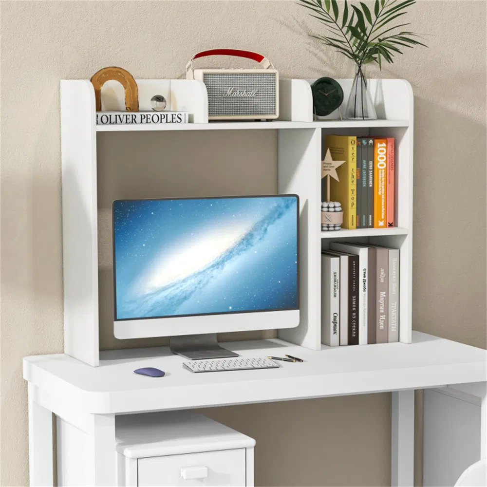 White Desktop Bookshelf for 27''/68.58cm Monitor, 93.98×25.40×73.66cm Engineered Wood Desk Hutch with Anti-Tip Kits, 100 lbs Capacity
