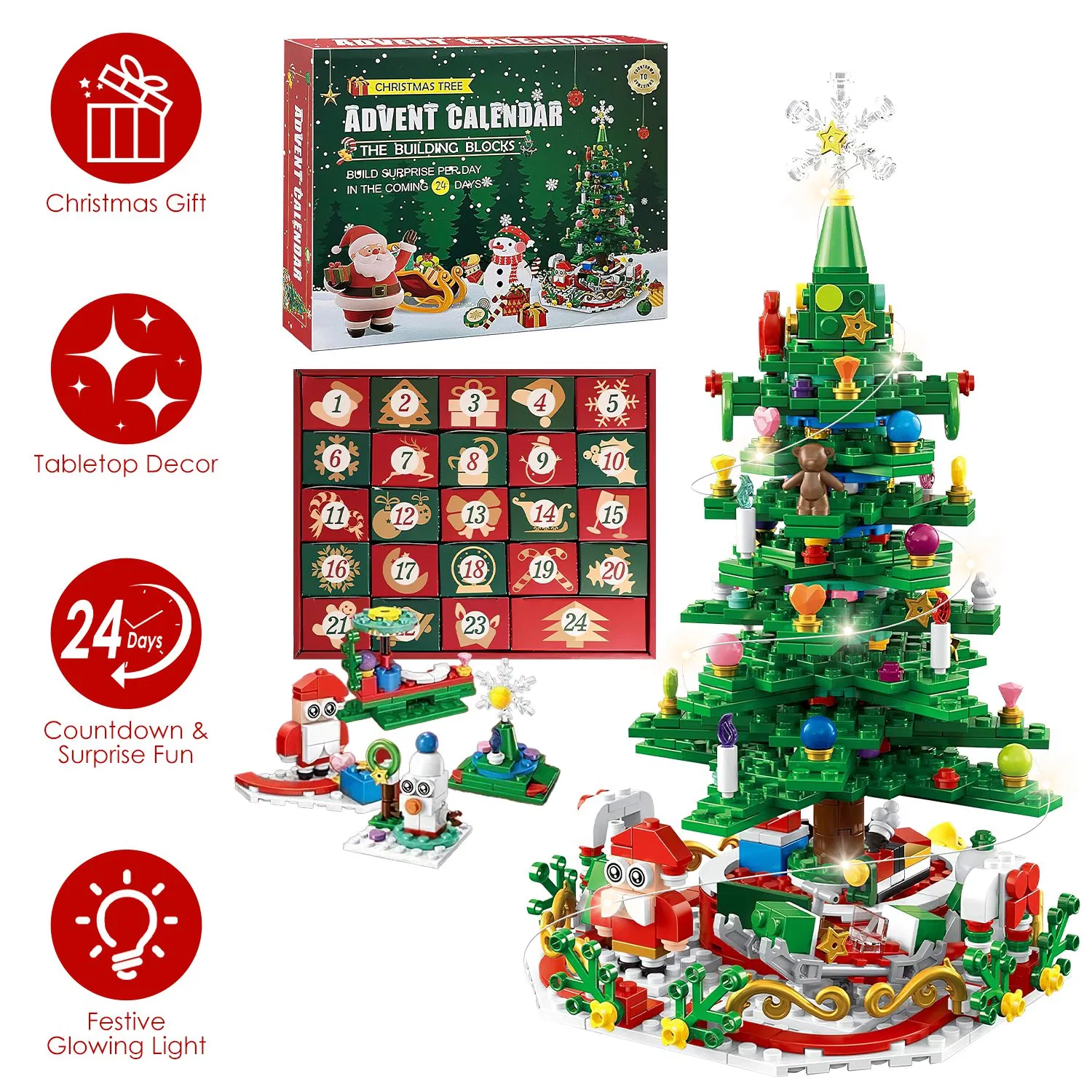 Christmas Tree Building Set - 701 Plastic Pieces, 24-Day Countdown Calendar, 30 USB LED Warm Lights - Santa, Ornaments, Snowflake Topper - Educational Toy for Kids 3-6, Festive Tabletop Decor 3