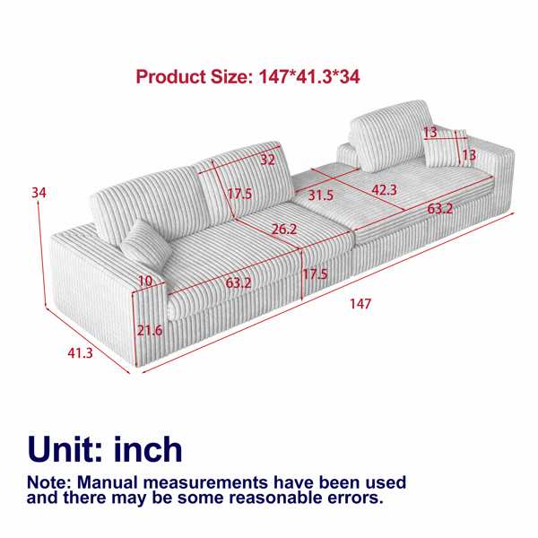 114.5'Modern Corduroy Modular foam Sofa, Recliner Seat reversible Sofa, 2in1 Sofa with Recliner and L-Shaped Sofa Combination with Three Cushion Neck Pillow Combination and Two Throw Pillows 2 package-27