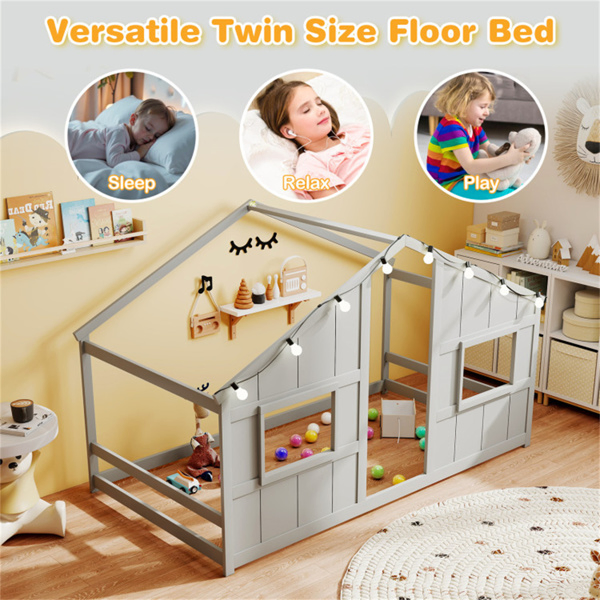 Twin-Size Kids House Gray Floor Bed- 82