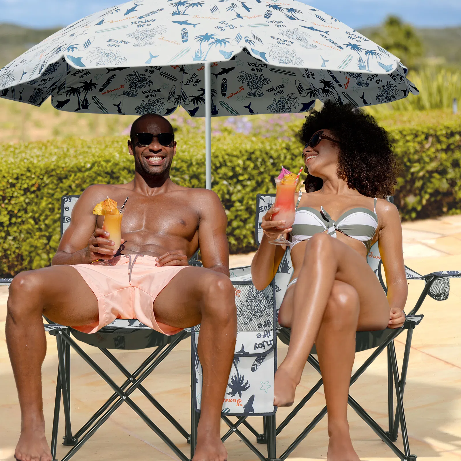 Portable Outdoor 2-Seat Folding Chair with Removable Sun Umbrella Coconut Tree image 5