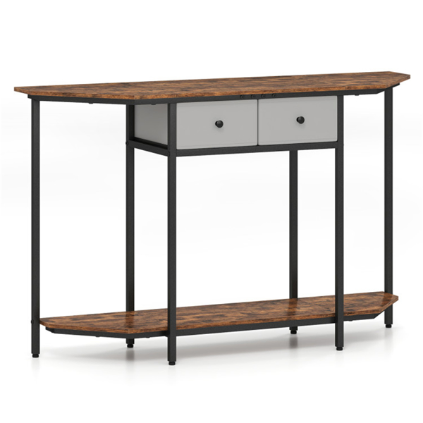  2-Tier Industrial Console Table - Polygonal Tabletop & Open Shelf, 2 Folding Fabric Drawers for Entryway/Hallway/Couch Behind-12