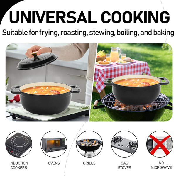 Cast iron 5QT cooking pot - Pure black - includes two silicone gloves - Enamel pot-17