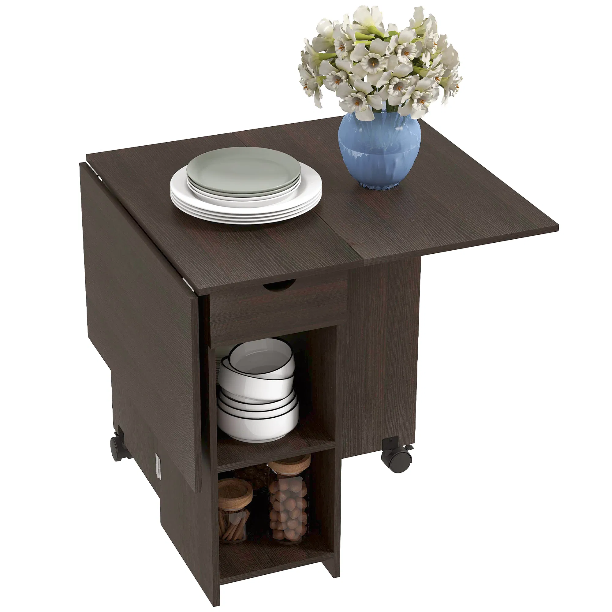 Folding Dining Table, Space Saving Drop Leaf Table with Drawer and Storage Shelves for Kitchen, Dining Room, Dark Brown