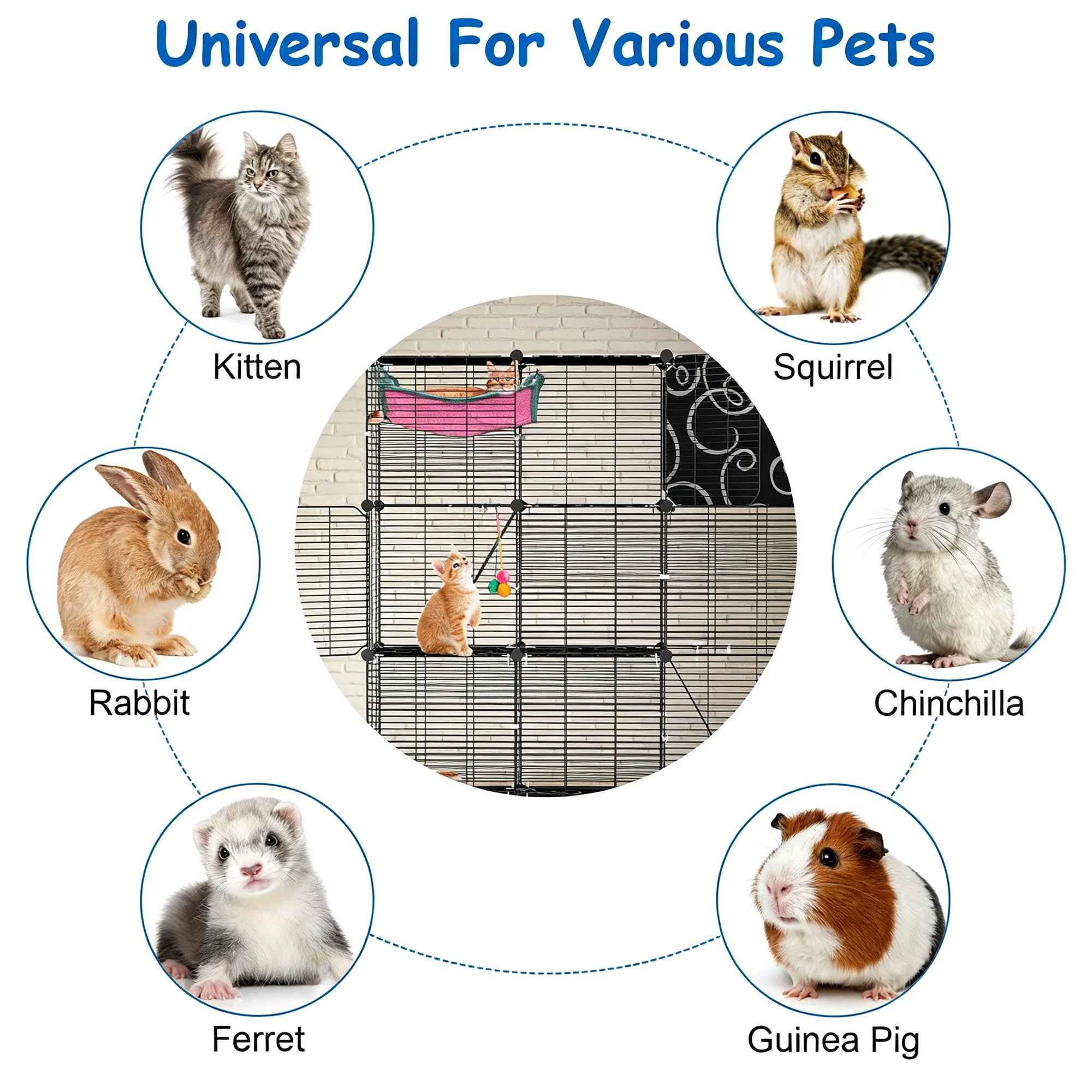 3-Level Metal Cat Cage Enclosure, Modular Pet Habitat with 3 Doors, 2 Ladders, Plush Hammock and Toy Ball for Small Indoor Animals