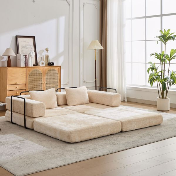 Compression Sofa,Convertible Floor Sofa Bed with Fixed-Shape Frame, Loveseats Boneless Modular Sectional Sofa,No Assembly Required,Chenille fabric,for Living Room Bedroom,Beige-16