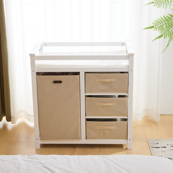 White painted pine wood frame, removable top, 87*53*87.5cm children's wooden bed with 3 fabric drawers + 1 fabric bag, and a changing table-51