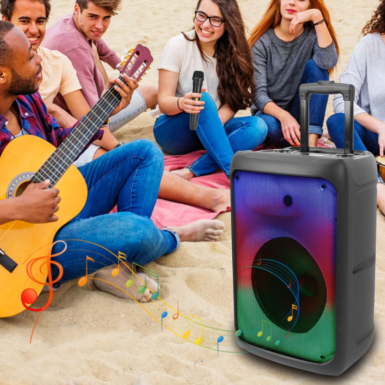 Portable Wireless Party Speaker Party Speaker with with 5 Colorful Lighting Modes TWS FM USB MMC Slot Aux In Recording Mic Priority Trolley