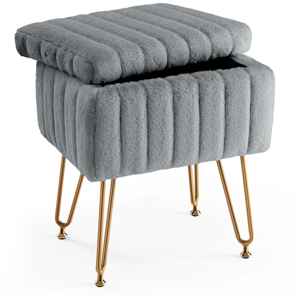 Vanity Stool Chair with Storage, Ottoman Faux Fur Soft Padded Makeup Footstools Seat with 4 Metal Legs Anti-Slip Adjustable Feet Modern image 8