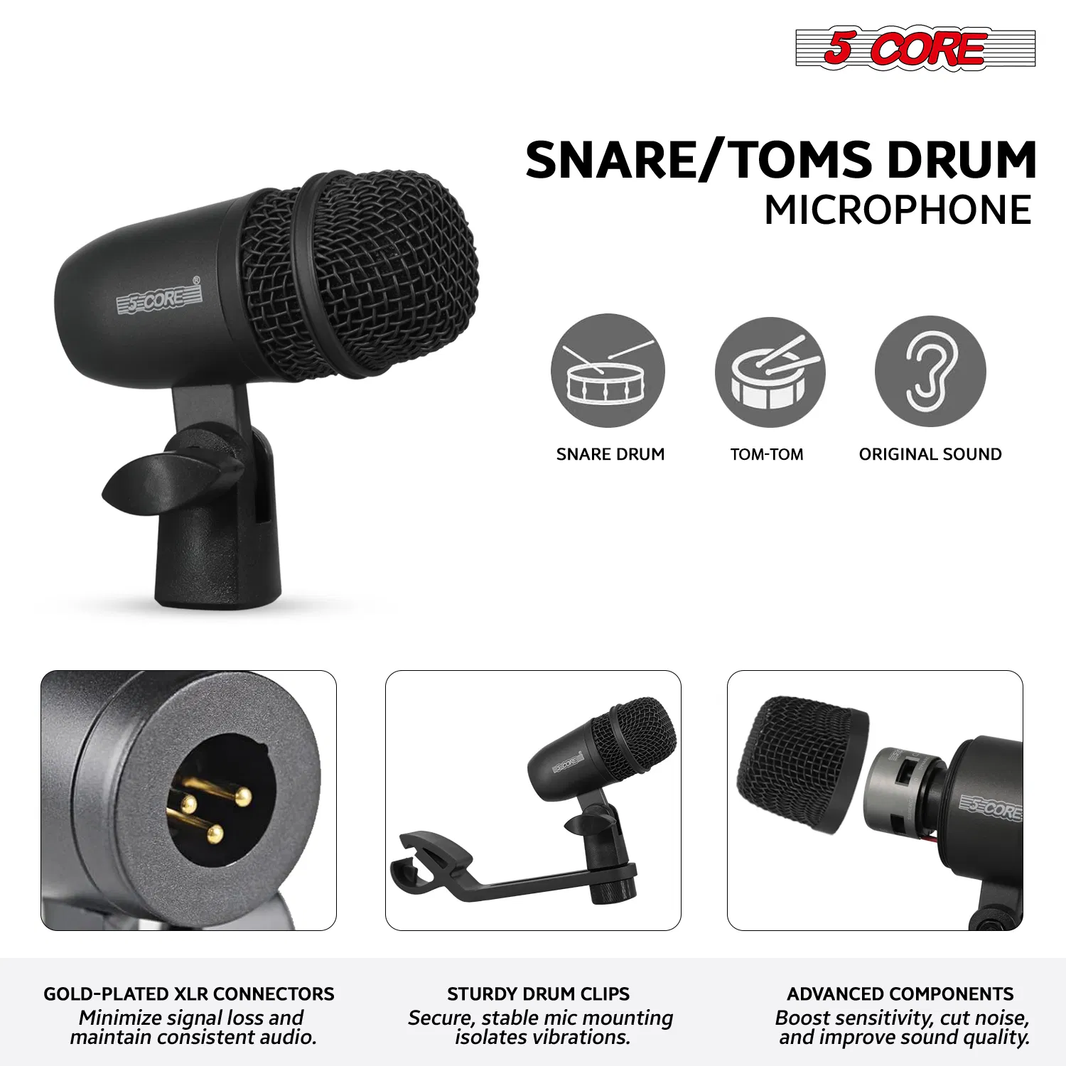 5 Core Drum Microphone Kit 9Pc All Metal Drummer Mics Tom/Snare & Cymbals Wired Instrument Drums Set image 3