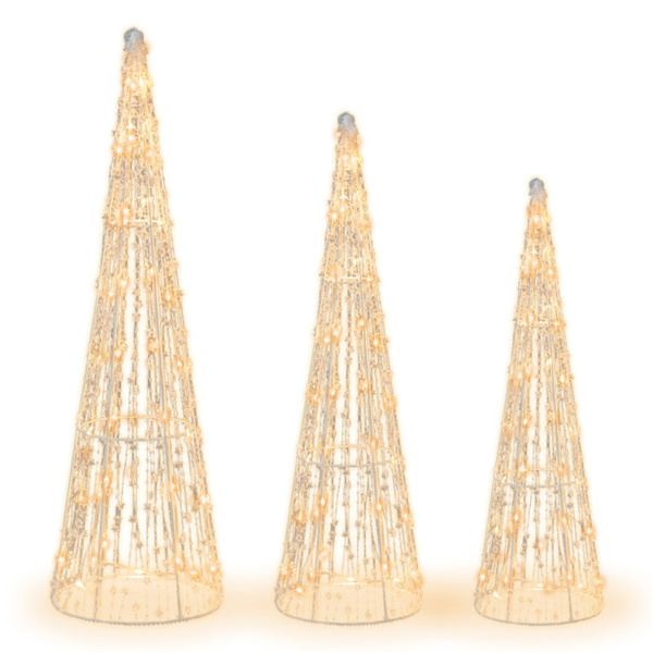 3-Piece Pre-Lit Christmas Cone Trees - 90 Warm White LEDs+Star Beaded Strings, Waterproof, 32