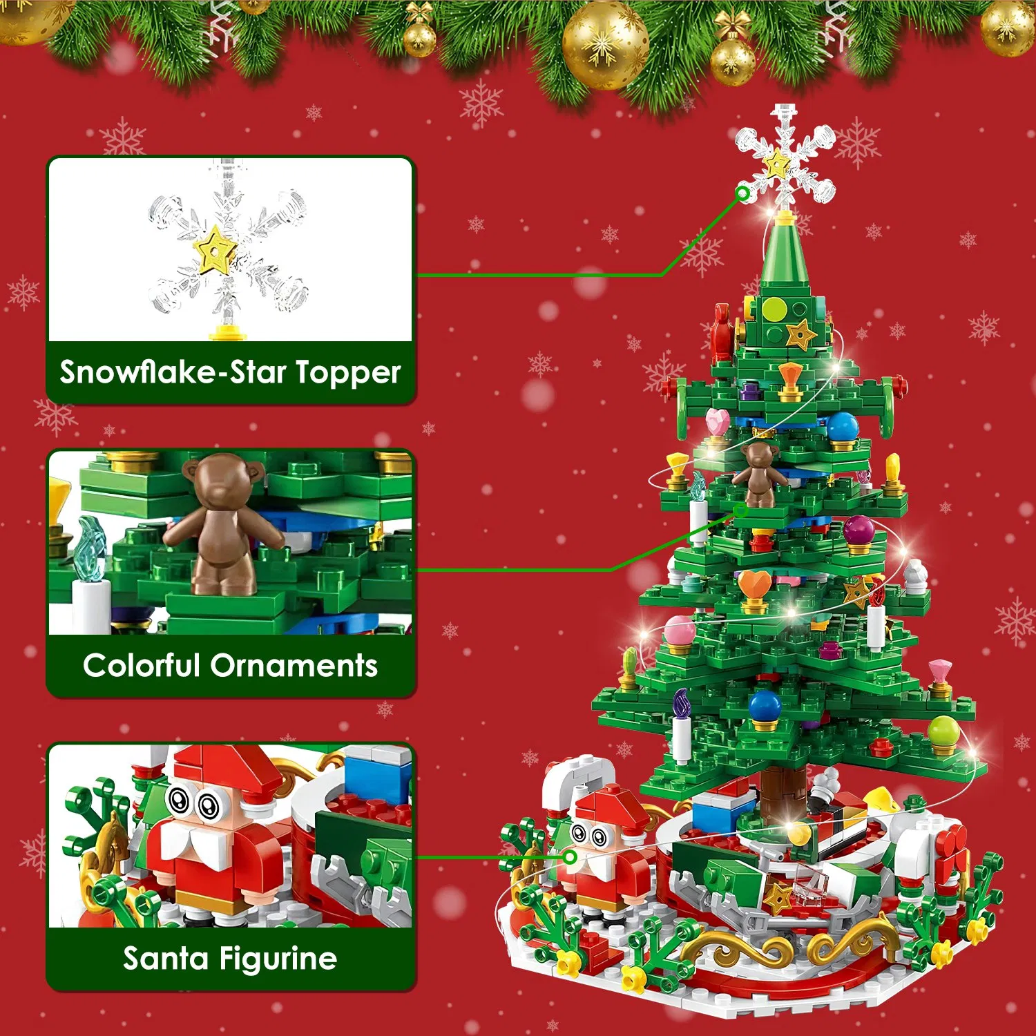 Christmas Tree Building Set - 701 Plastic Pieces, 24-Day Countdown Calendar, 30 USB LED Warm Lights - Santa, Ornaments, Snowflake Topper - Educational Toy for Kids 3-6, Festive Tabletop Decor 4